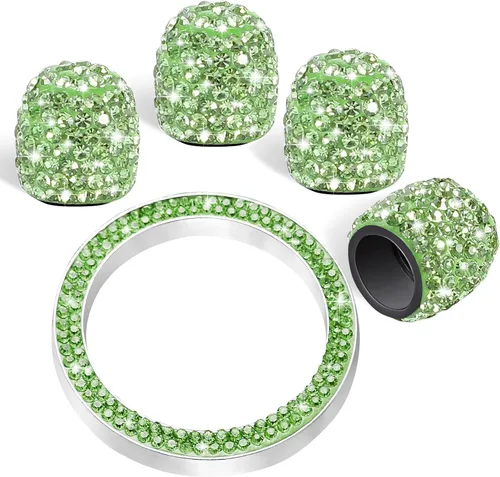 Miniatura 13 de WINKA 4 tapones para válvula de neumático de automóvil con diamantes de imitación, 1 cubierta de botón de motor de automóvil, anillo de encendido