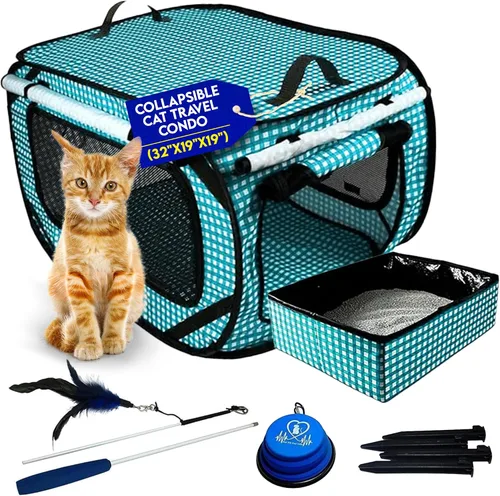 Miniatura 8 de Pet Fit For Life Transportador de gatos extra grande para viajes, plegable y portátil, plegable, con caja de arena, juguete de plumas y cuenco
