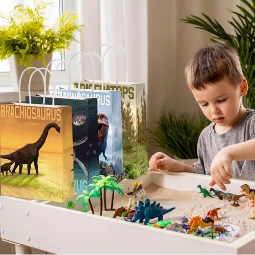 Miniatura 5 de Pajean 24 bolsas de caramelos de dinosaurio con asa, bolsas de papel de recuerdo de fiesta de dinosaurios, regalos para niños, envoltura