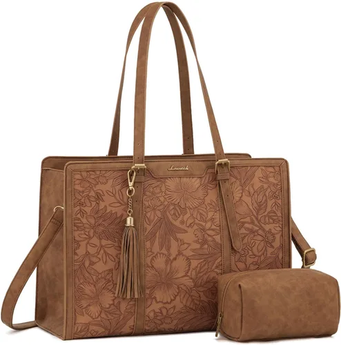 Miniatura 25 de LOVEVOOK Bolsa de mano para laptop para mujer, bolsa de trabajo vintage de 15.6 pulgadas con embrague, bolso grande de cuero para laptop con soporte
