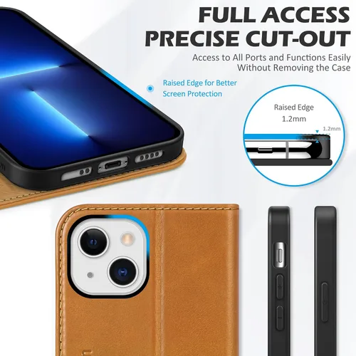 Miniatura 7 de SHIELDON Funda para iPhone 13 Mini 5G, cartera de piel auténtica, cierre magnético, ranuras para tarjetas, función atril, protección completa, Marrón