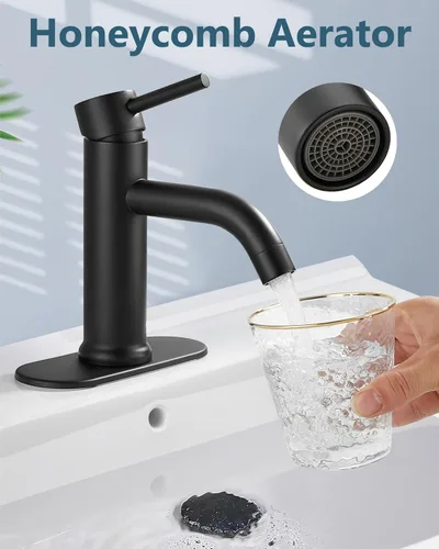 Miniatura 4 de Aolemi Grifo de baño de un solo agujero, grifo de lavabo de baño de una sola manija con líneas de suministro, con montaje de drenaje desplegable
