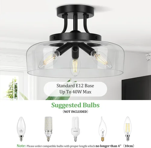 Miniatura 3 de Lámpara de techo industrial moderna semiempotrada con pantalla de vidrio transparente, lámpara de techo negra de 3 bombillas para cocina