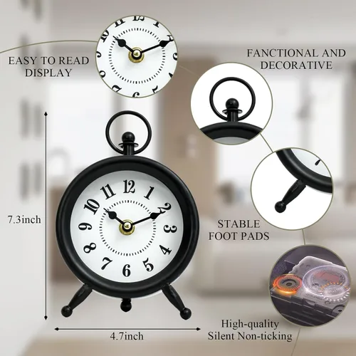Miniatura 4 de EMAX HOME - Reloj de escritorio y estante negro pequeño, 4.7 x 7.3 pulgadas, reloj de mesa retro elegante con cubierta de vidrio, reloj decorativo