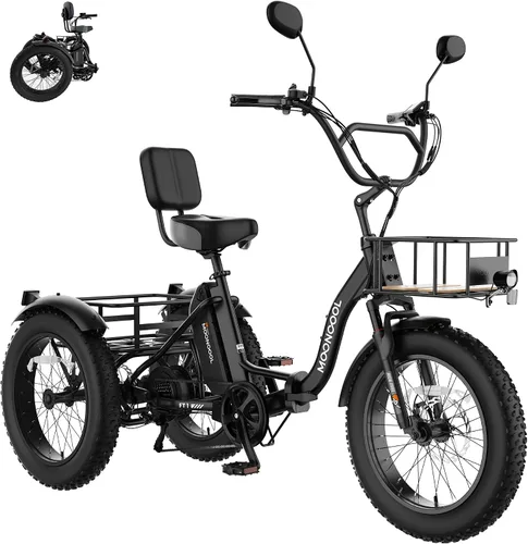 Miniatura 11 de MOONCOOL Triciclo eléctrico para adultos, marco de aluminio de neumático grueso de 1000 W, 4 pulgadas, batería de 48 V y 14.5 Ah, frenos de disco