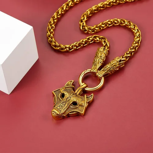 Miniatura 8 de FaithHeart Collar grueso de collar vikingo nórdico punk, de acero inoxidable, nudo celta, cabeza de lobo, amuleto, joyería de regalo