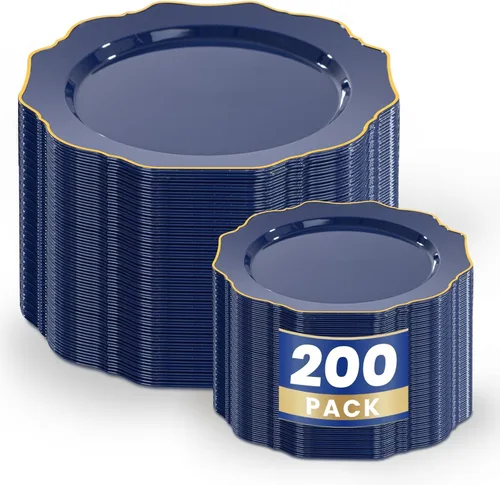 Miniatura 15 de WDF 100 piezas de platos de plástico azul - Platos desechables azul claro - Platos de plástico con borde festoneado resistente