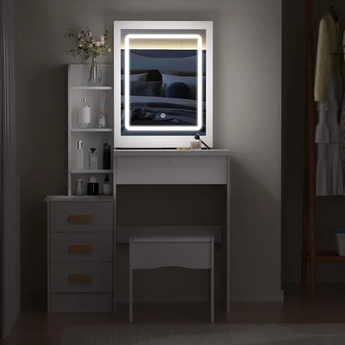 Miniatura 5 de Escritorio de tocador de maquillaje con espejo y luces, mesa de tocador con 4 cajones, 7 estantes y espacio extra oculto, tocador compacto