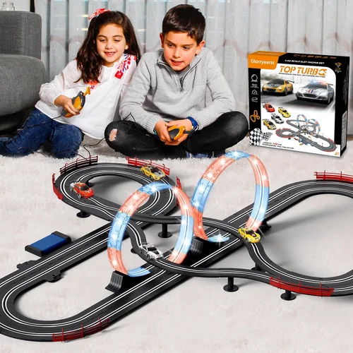 Miniatura 3 de Slot Car Race Track a escala 1:43 para niños, pistas LED eléctricas, doble carreras, 4 autos con faros, juguete grande, juego de pistas de regalo