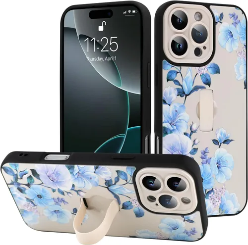 Miniatura 89 de Funda diseñada para iPhone 17 Pro Max con soporte plegable y correa para dedos, bonito patrón de lazo de corazón de flor rosa para mujeres y niñas