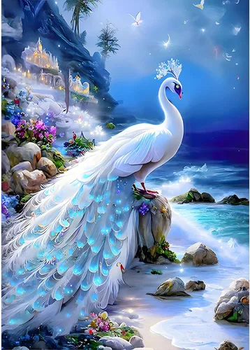 SENQAO Kits de pintura de diamantes de pavo real para adultos, pintura de diamante de pavo real blanco, pintura de diamante 5D para playa, pavo