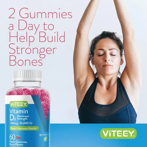 Miniatura 6 de Viteey Gomitas de vitamina D3 para adultos y adolescentes, 10,000 UI, 250 mcg, máxima fuerza, salud de las articulaciones y los músculos, refuerzo