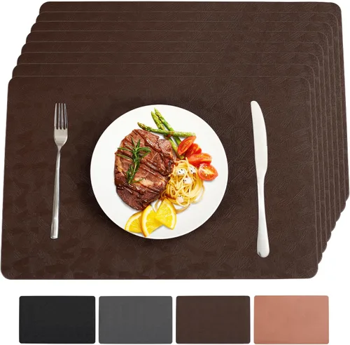 Miniatura 20 de Juego de 6 manteles individuales de vinilo, resistentes al calor, fáciles de limpiar, antideslizantes, para mesa de comedor, piel sintética, Negro