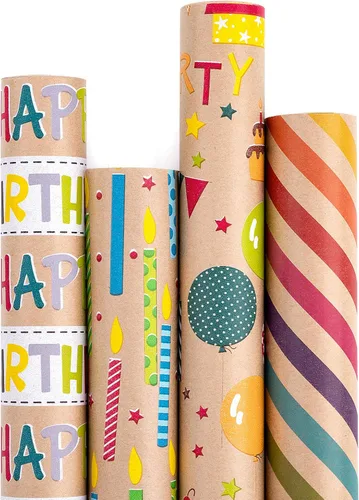 RUSPEPA Papel de Regalo Kraft - Diseño Colorido de Envoltura de Cumpleaños - 4 Rollos - 30 pulgadas x 10 pies por rollo Cumpleaños coloridos