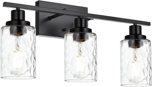 Miniatura 15 de MELUCEE Iluminación de pared interior 2 luces mate negra con vidrio martillado transparente, lámpara de pared moderna para tocador de baño