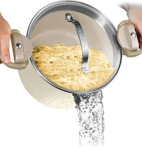 GOTHAM STEEL Olla de Caldo de Cerámica de 5 Qt Olla de Pasta Multiusos con Tapa de Colador y Asas de Giro y Bloqueo, Olla de Cerámica Antiadherente