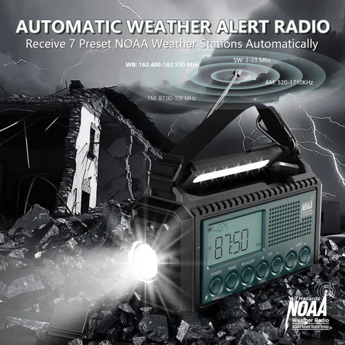 Miniatura 9 de AUTO NOAA Radio de emergencia de alerta, manivela solar portátil AM FM radio meteorológica de onda corta para supervivencia, radio a