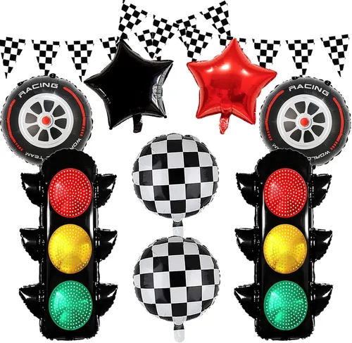 Globos de carreras para decoración de fiesta de cumpleaños, globos de semáforo de 32 pulgadas, pancarta a cuadros, globos de neumáticos para