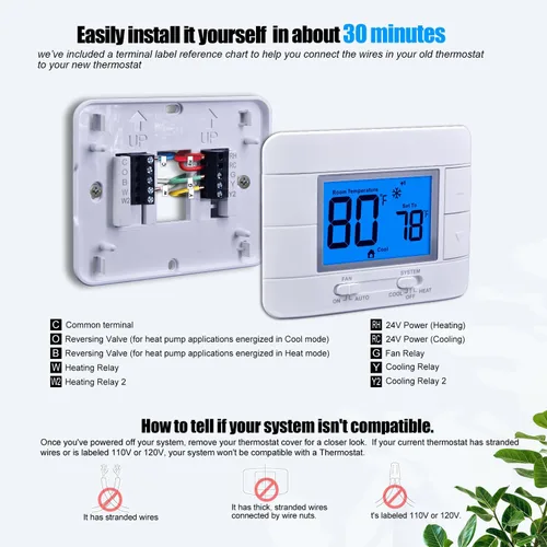Miniatura 6 de Termostato no programable para el hogar - Multietapa 2H/2C, con gran pantalla LCD de temperatura y humedad ambiente