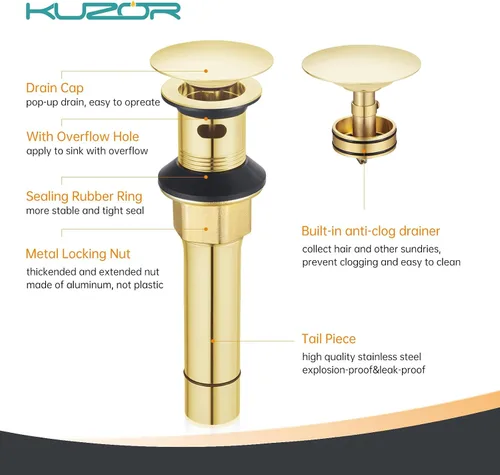 Miniatura 5 de Desagüe emergente para fregadero de baño con rebosadero - Se ajusta a agujeros de 1-5/8" a 2", acero inoxidable 304 para tocador/fregadero