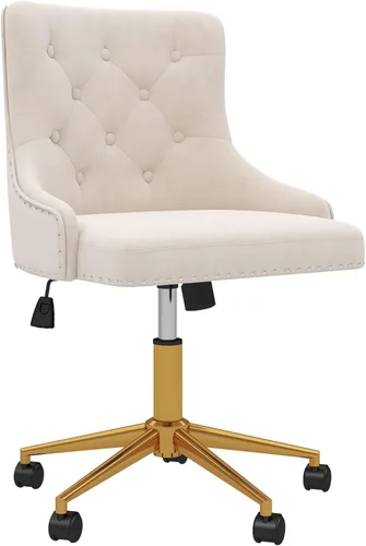 Westice Sillas de escritorio de terciopelo, silla giratoria tapizada de maquillaje cómoda con respaldo copetudo, base de metal dorado y ruedas, Beige
