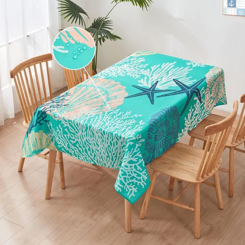 Miniatura 13 de Mantel redondo náutico costero de 60 pulgadas – Mantel con estampado de océano de playa, impermeable, resistente a las manchas, sin arrugas