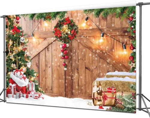 Miniatura 3 de Telón de fondo de Navidad de 8 x 6 pies para fotografía de invierno, Navidad, rústico, puerta de madera, telón de fondo, árbol de Navidad, regalos