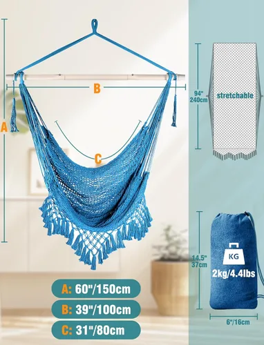 Miniatura 4 de Chihee Silla de Hamaca Súper Grande Silla Colgante de Cuerda de Algodón Hilado Suave Silla de Tejido, Barra Separadora de Metal Resistente Plegable
