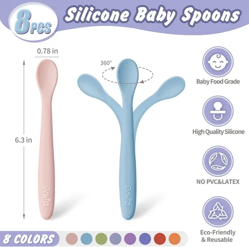 Miniatura 2 de DRKIO Cucharas de silicona para bebés de 8 piezas, cucharas para bebés, primera etapa, autoalimentación, suministros de destete para bebés