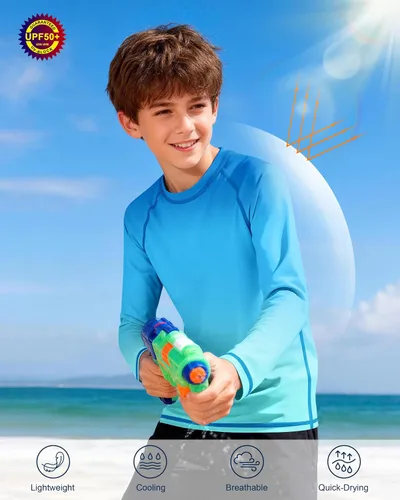 Miniatura 4 de Camiseta de natación de manga larga UPF 50+ para niños, paquete de 1 o 2 unidades de protección solar UV Rash Guard, camisetas de agua SPF
