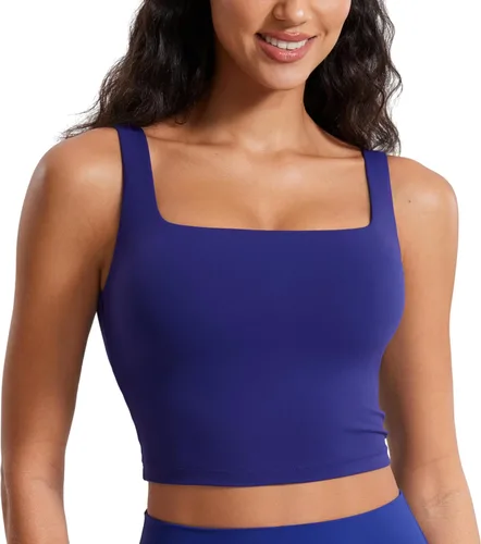 Miniatura 48 de CRZ YOGA Butterluxe Brasier deportivo de cuello cuadrado para mujer, estilo camiseta corta sin mangas, acolchado con soporte integrado para yoga