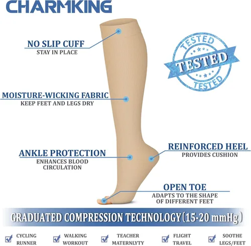 Miniatura 4 de CHARMKING 3 pares de calcetines de compresión de punta abierta para mujeres y hombres, circulación de 15-20 mmHg es el mejor apoyo para uso durante