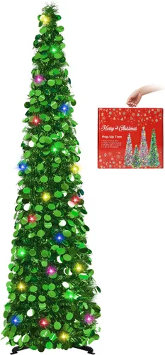 Miniatura 13 de MACTING Árbol de Navidad desplegable con 50 luces LED con temporizador, 5 pies, árbol de lápiz de oropel plegable de fácil montaje, árbol artificial