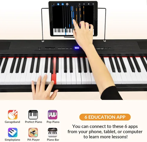 Miniatura 5 de Piano digital de 88 teclas con teclado semiponderado, teclado de piano de 88 teclas para principiantes con teclas iluminadas, piano eléctrico Negro