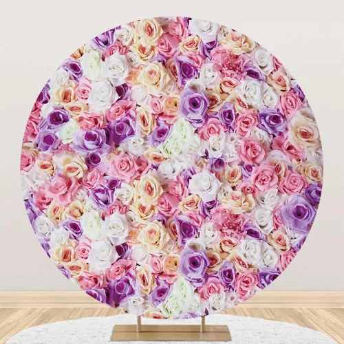 Renaiss Fondo redondo de flores de rosas de 4 x 4 pies, color rosa, morado, blanco, círculo de pared, fondo de fotografía, boda, despedida de