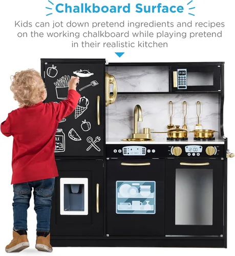 Miniatura 2 de Best Choice Products Juego de juguetes de madera para niños con diseño realista, teléfono, utensilios, horno, microondas, fregadero - negro