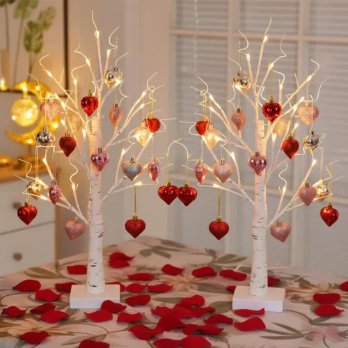 Miniatura 9 de Árbol de abedul iluminado para el día de San Valentín con adornos de corazón, lámpara LED romántica de árbol de ramita de abedul de mesa, 24 luces