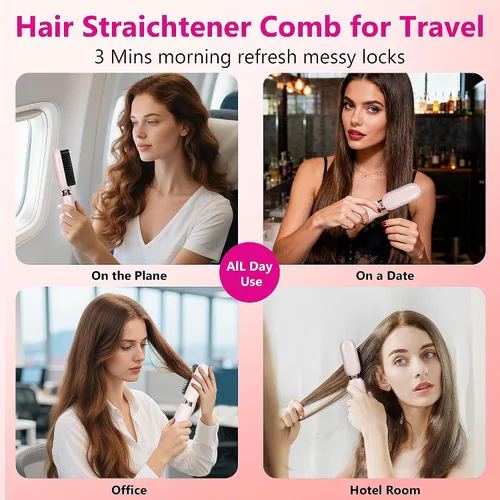 Miniatura 7 de VAGARY Cepillo alisador de cabello inalámbrico, cepillo alisador portátil para viajes, calor rápido de 30 segundos, 3 ajustes de temperatura, 300