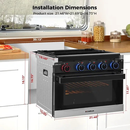 Miniatura 6 de CAMPLUX Elite - Combo de estufa y horno de propano para RV de 17 pulgadas, 1.27 pies cúbicos con 3 quemadores, salida total 28,100 BTU/Hr, estufas