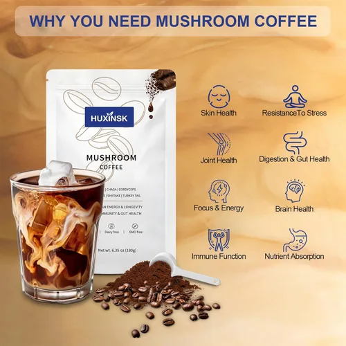 Miniatura 3 de Café de hongos, café instantáneo orgánico con melena de león, reishi, cordyceps, colágeno, β-glucano (prebiótico) para concentración, energía, apoyo