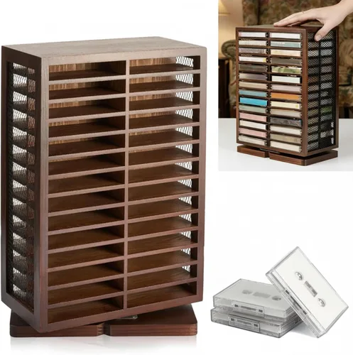 Ripeng Soporte para cinta de casete, 56 de capacidad, 360°, estante de almacenamiento de doble cara, estante de almacenamiento de metal y madera