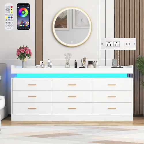 Miniatura 7 de Cómoda de 9 cajones con luz LED y estación de carga, cómoda moderna de 63 pulgadas para armario, armario organizador de cajones anchos para Blanco