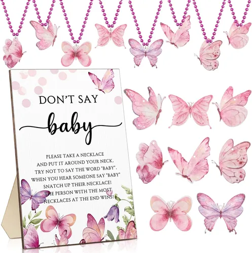 Roowest 51 No Digas Juego de Baby Shower Mariposa Decoraciones de Baby Shower Incluídas Juego de Mariposa Letrero de Mesa de Madera 50 Collares de