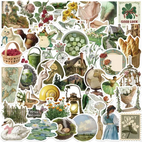 50 calcomanías verdes vintage, decoración estética de casa de campo, regalos retro para adolescentes y adultos, calcomanías de vinilo impermeables
