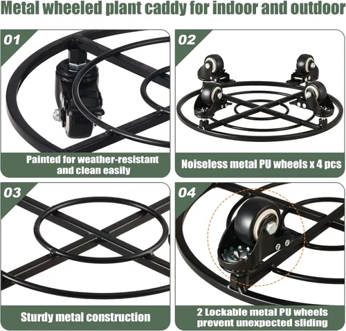 Miniatura 2 de Paquete de 2 organizadores grandes de metal para plantas con ruedas de 13.6 pulgadas, soportes rodantes para plantas de hierro forjado, rodillos