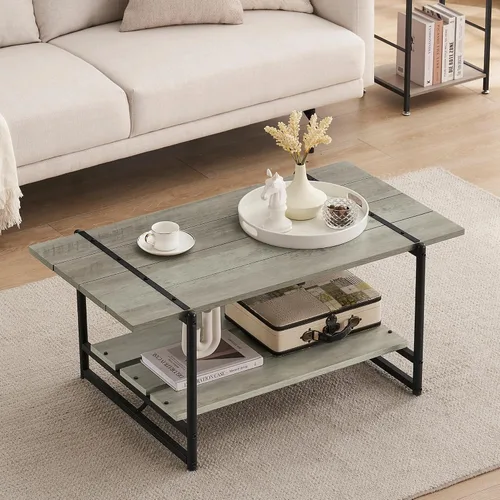 Miniatura 7 de Mesa auxiliar para sala de estar, mesas de sala de estar de 2 niveles, mesa de centro moderna para sala de estar, mesa de centro de madera de granja