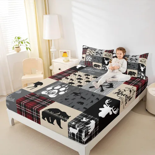 Miniatura 13 de Sábana bajera de retazos rústicos, sábanas de ciervos de oso para niños, adolescentes, adultos, mujeres, juego de ropa de cama rústica de granja