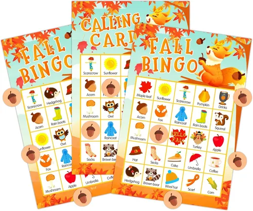 SICOHOME Tarjetas de bingo de otoño para niños, 26 jugadores, juego de bingo de Acción de Gracias para niños y adultos, otoño, Halloween, Acción de