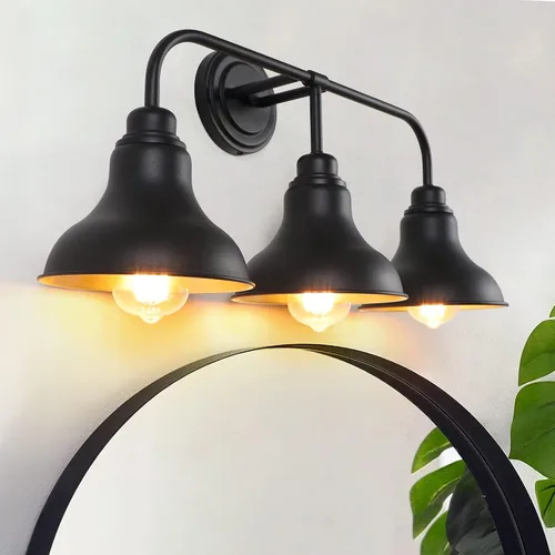 Miniatura 8 de Lámparas de tocador de baño de granja de 25 pulgadas, lámparas de baño de 3 luces sobre espejo, apliques rústicos de pared con pantalla de metal