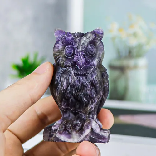 Miniatura 5 de SMQ Amethyst Crystal Owl Statue Hand Carved Gem Owl Figurine Animal Carvings Collective Reiki Healing Statue for Home Office Decoration